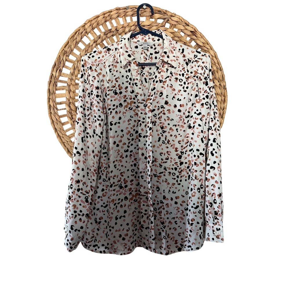 Croft & Barrow Womens Pink Black Leopard Animal Print Roll Tab Blouse Medium